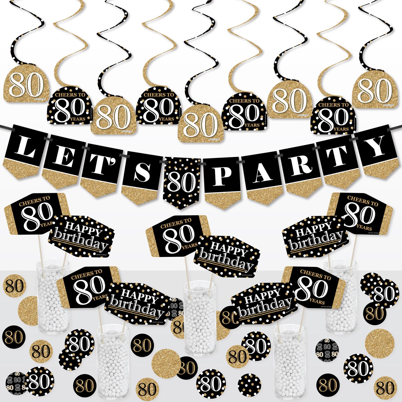 Big Dot of Happiness Adult 80th Birthday - Gold - Birthday Party Supplies Decoration Kit - Decor Galore Party Pack - 51 Pieces